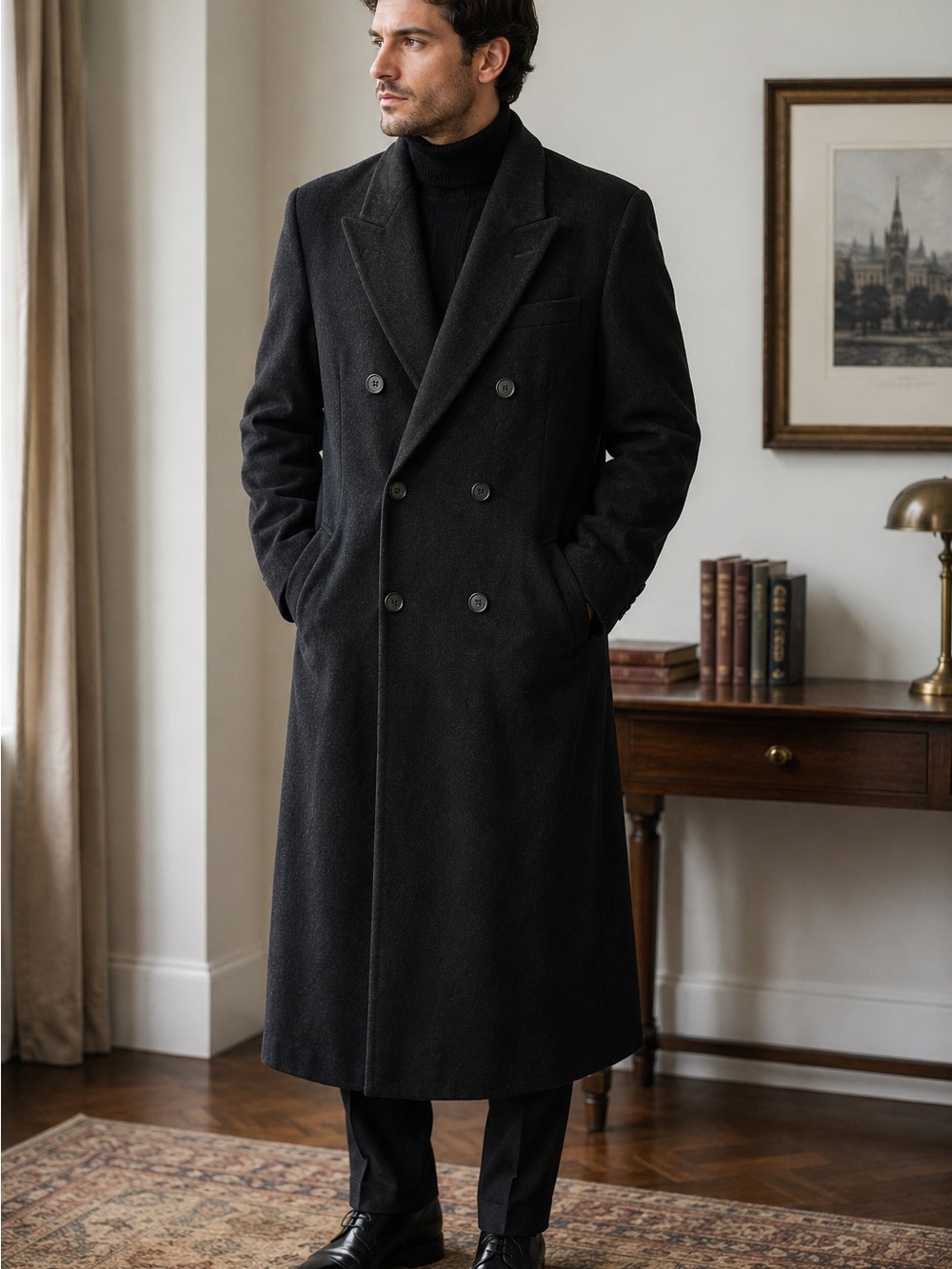Men's Double-Breasted Black Pea Coat - Tailored cashmere blend vintage